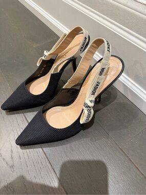 Dior Black Pointed Slingback Heels with Branded Cream Strap